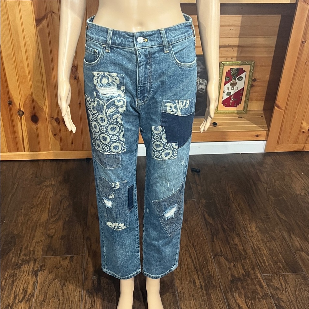 Anthropologie Pilcro The Borrowed Boyfriend patchwork denim blue jeans SIZE 25